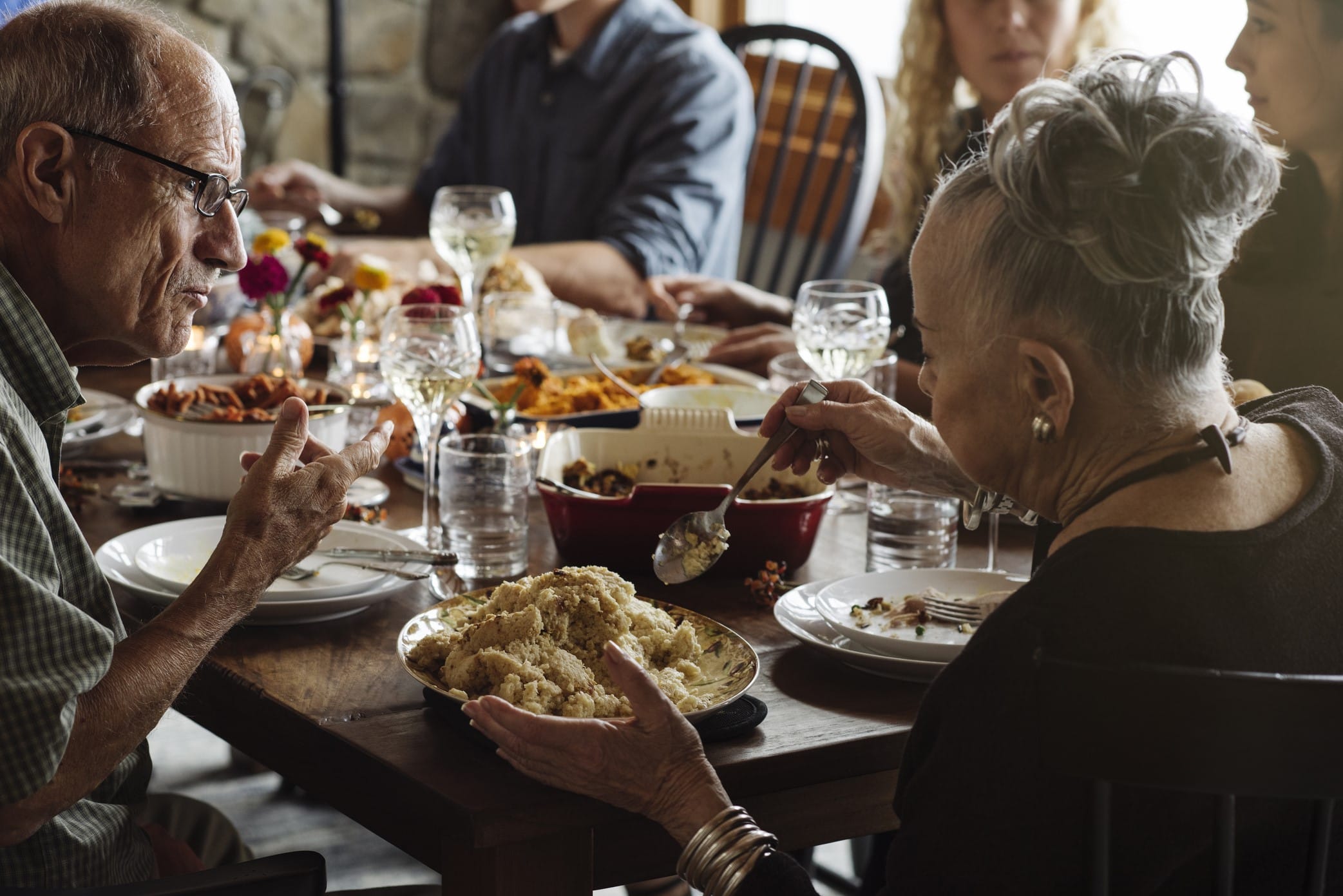 Seniors at a holiday meal with family